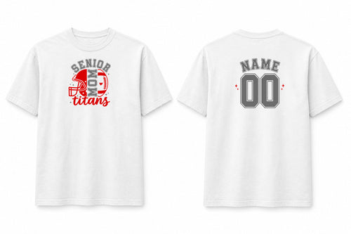 CA Football Senior Mom shirt, white Comfort Colors Heavyweight short sleeve, version 3 front and personalized back mockup