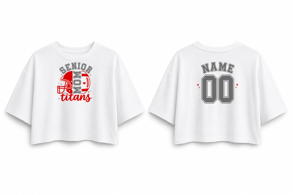 CA Football Senior Mom shirt, white Oversized Crop, version 3 front and personalized back mockup