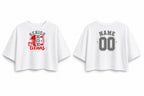 CA Football Senior Mom shirt, white Oversized Crop, version 3 front and personalized back mockup