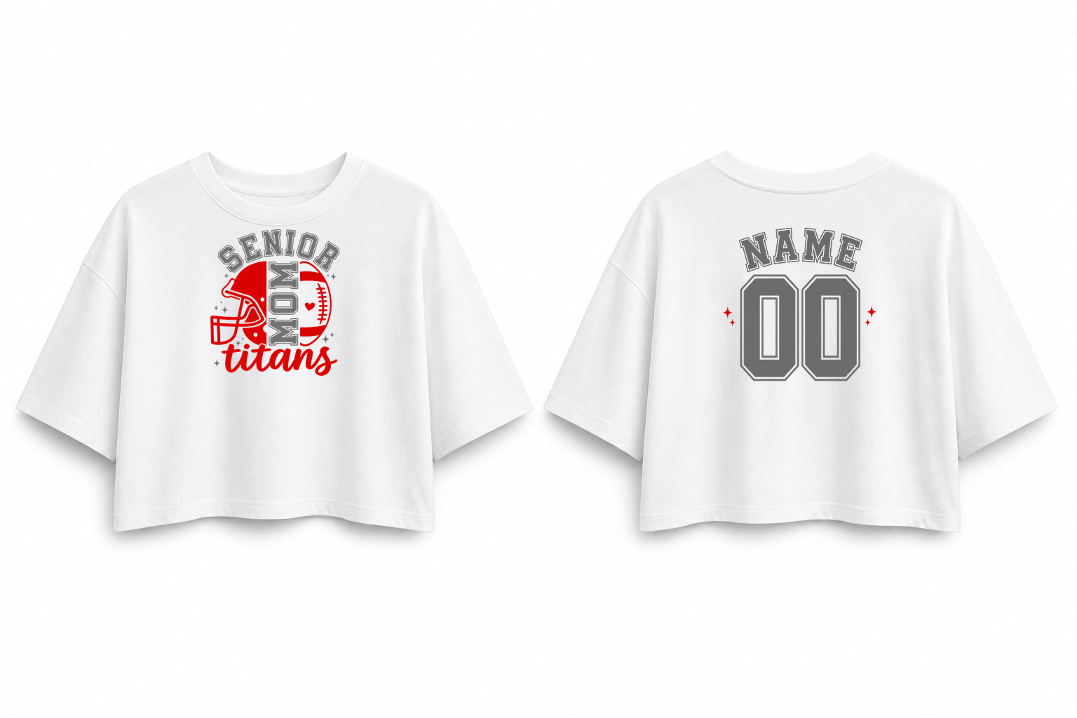 CA Football Senior Mom shirt, white Oversized Crop, version 3 front and personalized back mockup