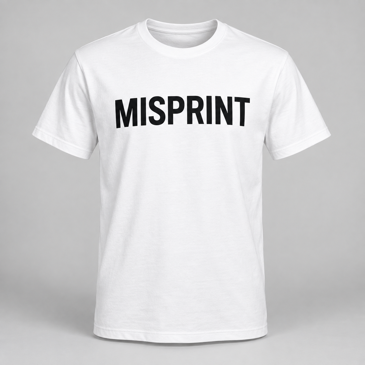 White tee with MISPRINT printed across the chest