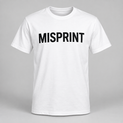 White tee with MISPRINT printed across the chest