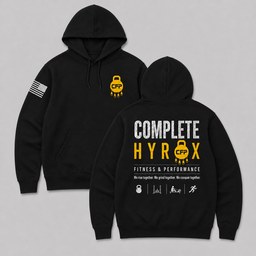 HYROX CFP black pullover hoodie front and back