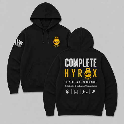 HYROX CFP black pullover hoodie front and back