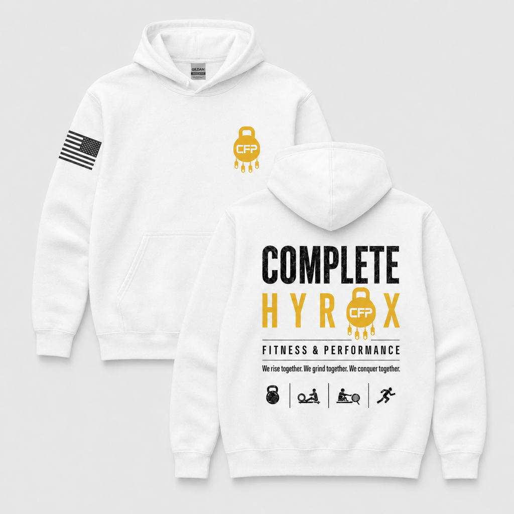HYROX CFP white pullover hoodie front and back